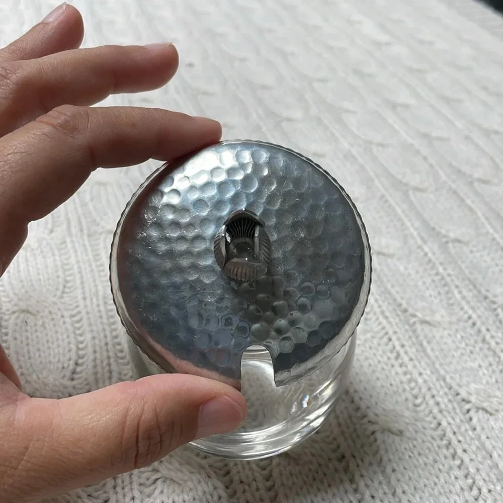 Vintage MCM Hammered Aluminum And Glass Jelly Jar With Lid with flowering knob